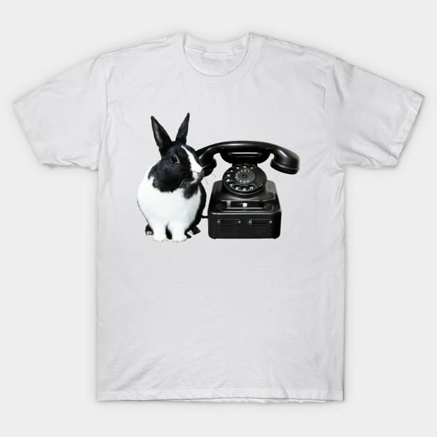 Old Black Rotary Phone Black and white Rabbit T-Shirt by Move-Art